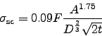 \begin{displaymath}
\sigma_{\rm sc} = 0.09 F \frac{A^{1.75}}{D^\frac{2}{3}\sqrt{2t}}
\end{displaymath}