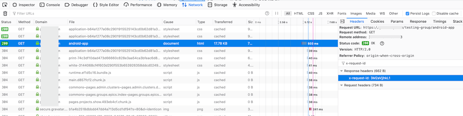 Firefox browsers' developer tools' Network Monitor section showing a request ID header for a particular request.